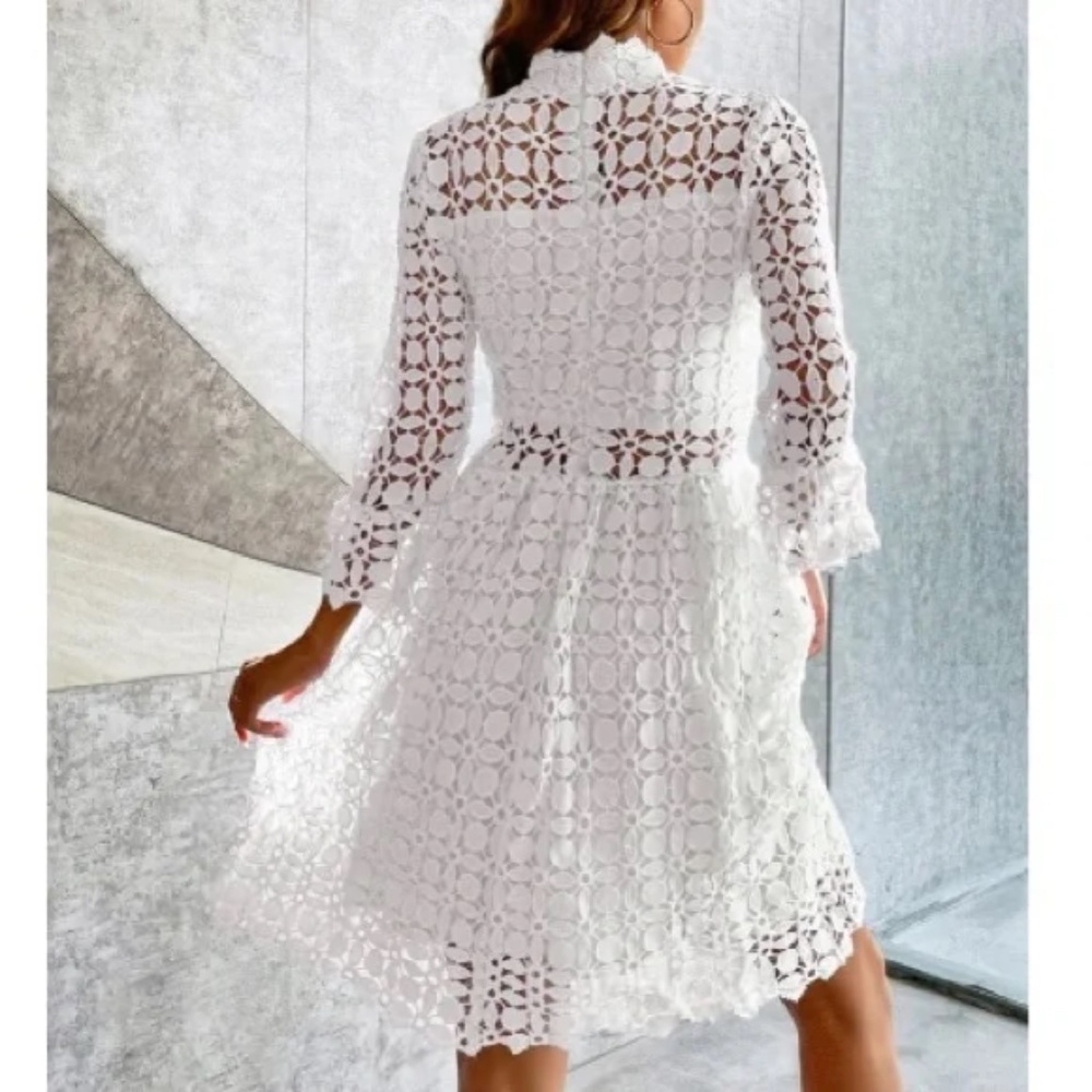 Classic Lace Frill Neck Long Sleeve Party Dress - Picture 10 of 13